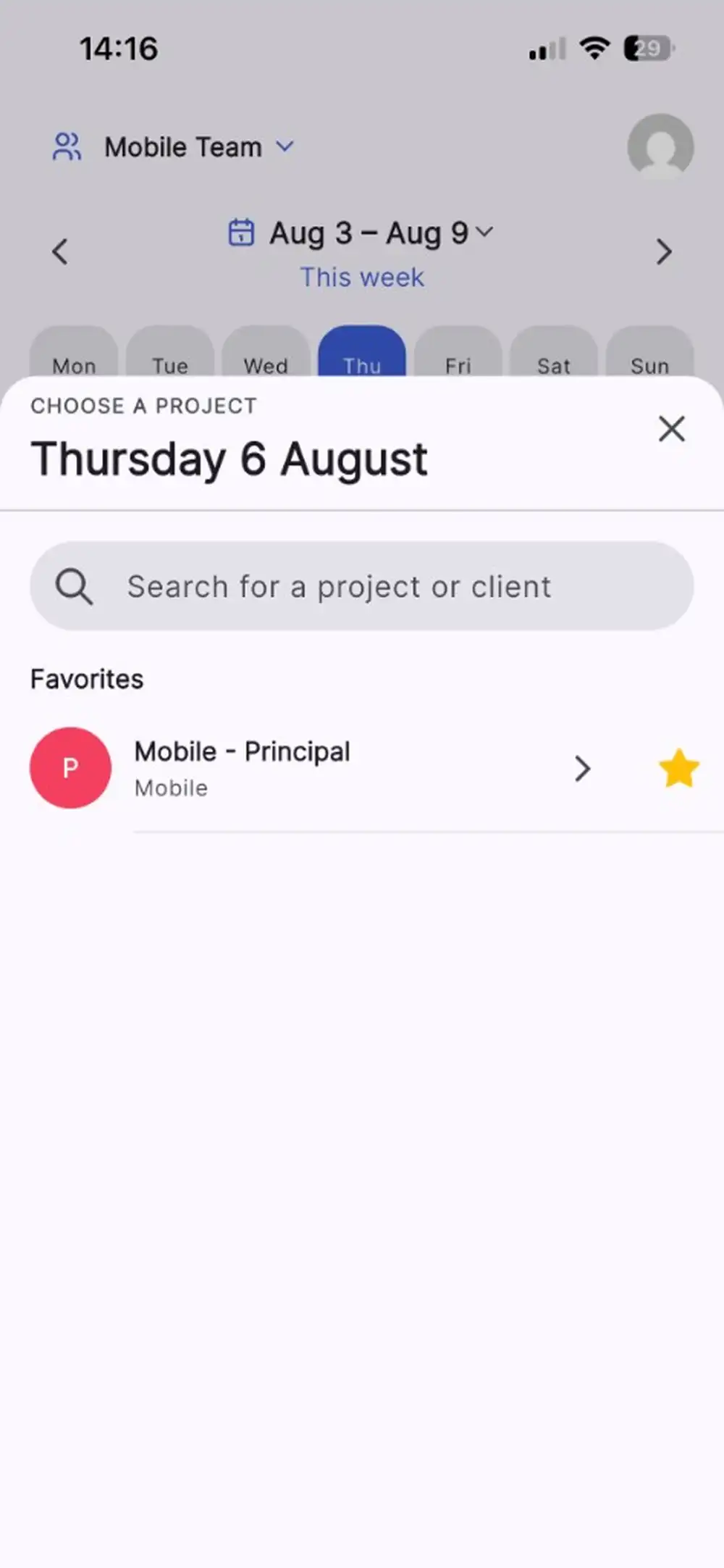 Project picker of the mobile app listing the projects assigned to the user