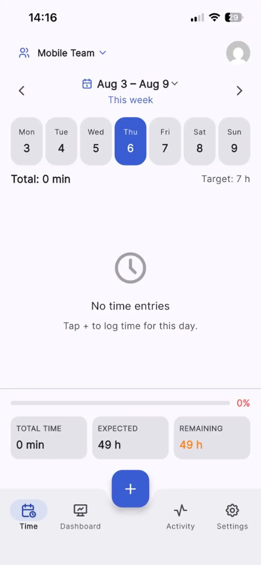 Simple Timesheet mobile app showing a weekly timesheet with daily totals and target hours