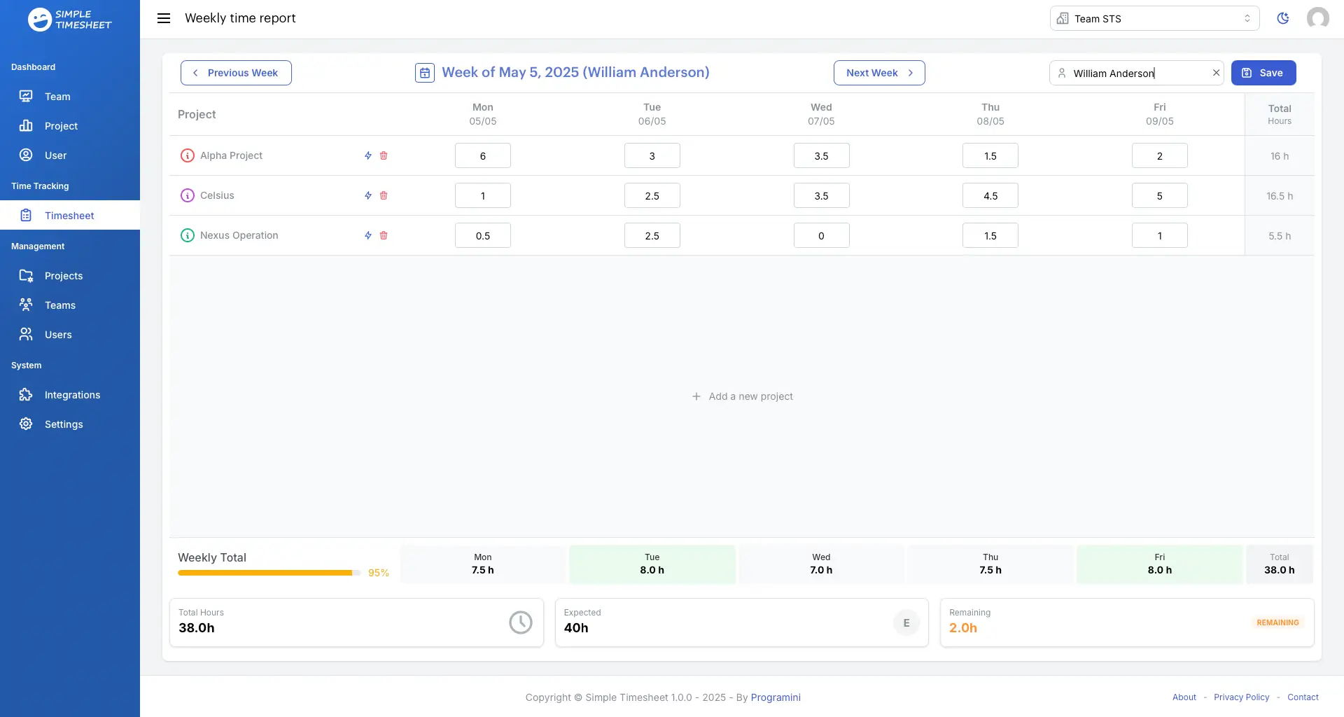 Simple Timesheet dashboard, weekly time report view